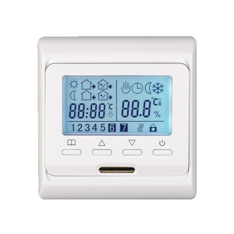 Elektromos padlófűtés termosztát LCD kijelzővel, 16A, panelre szerelhető, 220V AC, modell E51.716