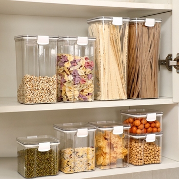 Állateledel-minőségű zárható négyszögletes műanyag tároló doboz fedéllel, 800–1000 ml, átlátszó