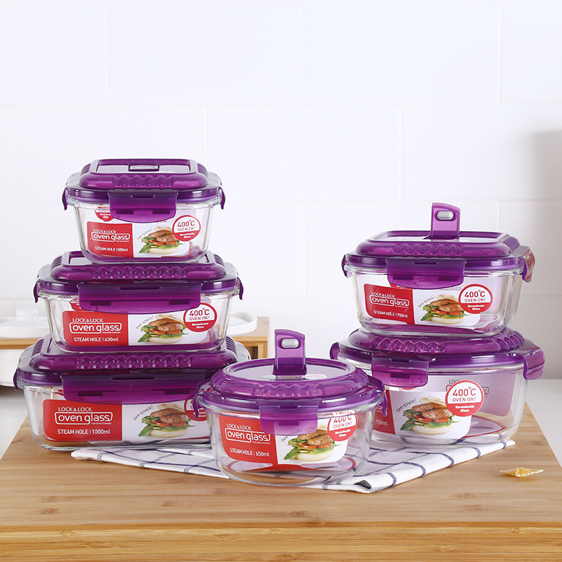 Üvegből készült ebédes doboz, mikrózható, téglalap alakú, hőálló, fedéllel, kapacitások 301–500 ml / 501–800 ml / 800–1000 ml