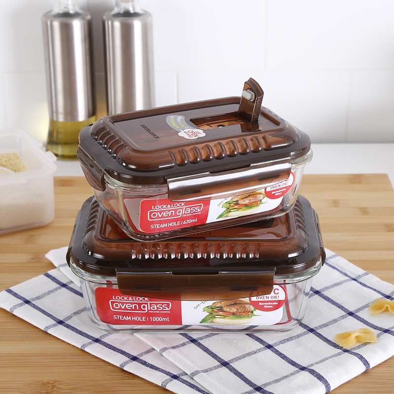 Üvegből készült ebédes doboz, mikrózható, téglalap alakú, hőálló, fedéllel, kapacitások 301–500 ml / 501–800 ml / 800–1000 ml