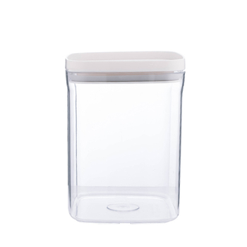Műanyag négyszögletes tárolóedény száraz gabonákhoz, átlátszó, nedvességálló, csukható reteszelőfedéllel.
