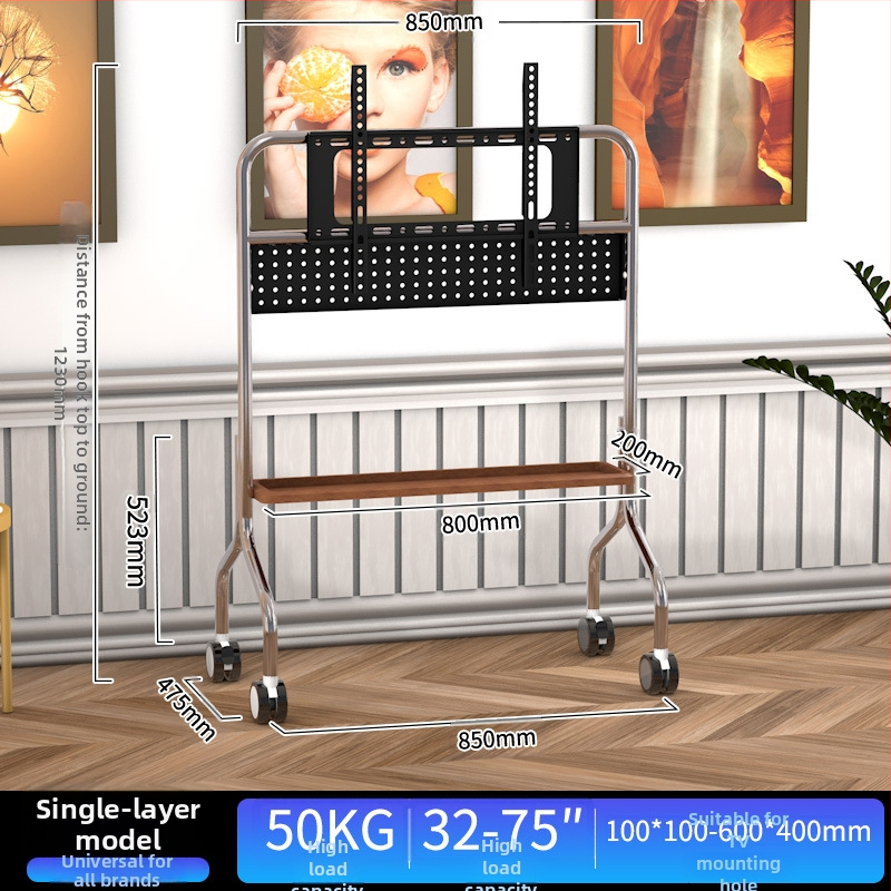 Mobilni podni stalak za televizor od nehrđajućeg čelika s kotačićima, uspravna kolica za plosne zaslone, univerzalno, baza 850×490×1230 mm, model Art cart