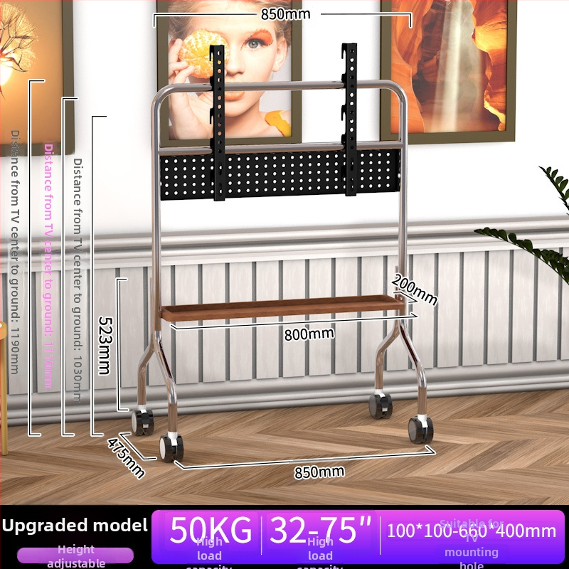 Mobilni podni stalak za televizor od nehrđajućeg čelika s kotačićima, uspravna kolica za plosne zaslone, univerzalno, baza 850×490×1230 mm, model Art cart