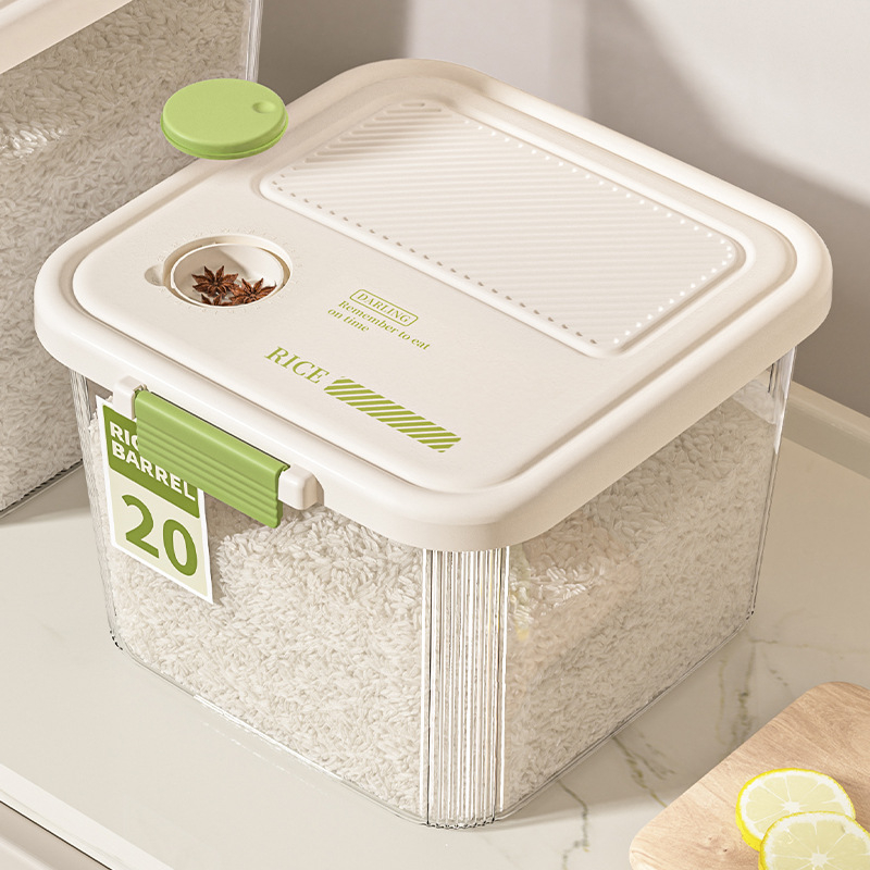 Átlátszó rizstároló doboz összecsukható fedéllel, 15 kg kapacitás, vastagított PP + szilikagél, tömítés, nedvesség- és rovarállóság, dátum rögzítés, logónyomás elérhető
