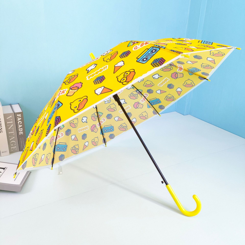 Παιδική διαφανής ομπρέλα με μακριά μεταλλική λαβή, 8 ακτίνες, PVC κάλυμμα, ημι-αυτόματο άνοιγμα, σχέδιο καρτούν