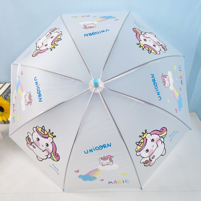 Παιδική διαφανής ομπρέλα με μακριά μεταλλική λαβή, 8 ακτίνες, PVC κάλυμμα, ημι-αυτόματο άνοιγμα, σχέδιο καρτούν