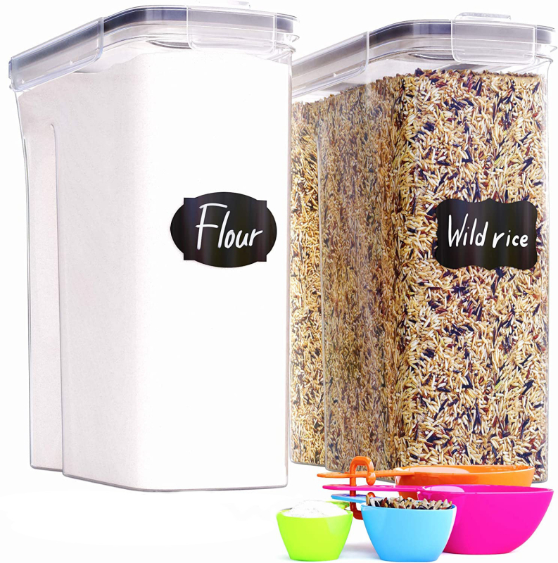 Konyhai gabonás tároló műanyag tartó, négyzet alakú, nedvességálló, kapacitás 4,1–5 L