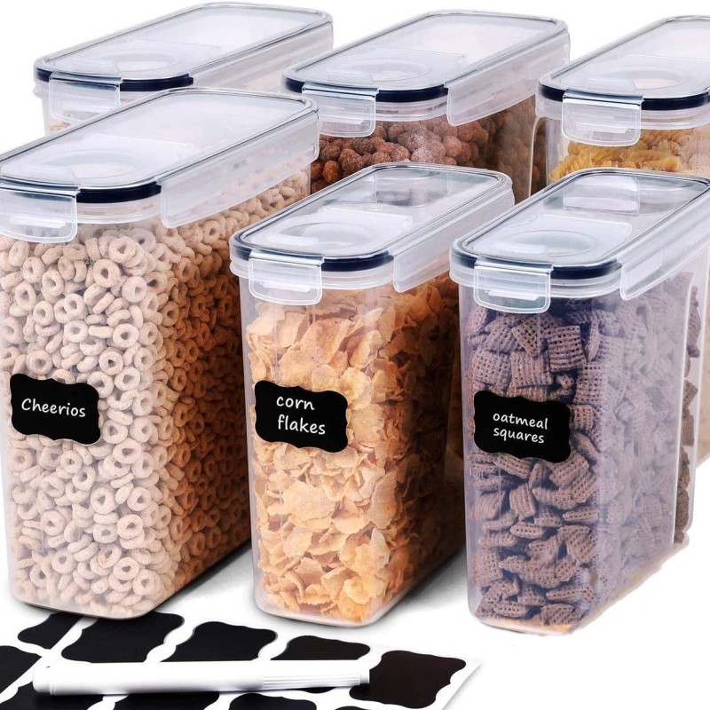 Konyhai gabonás tároló műanyag tartó, négyzet alakú, nedvességálló, kapacitás 4,1–5 L