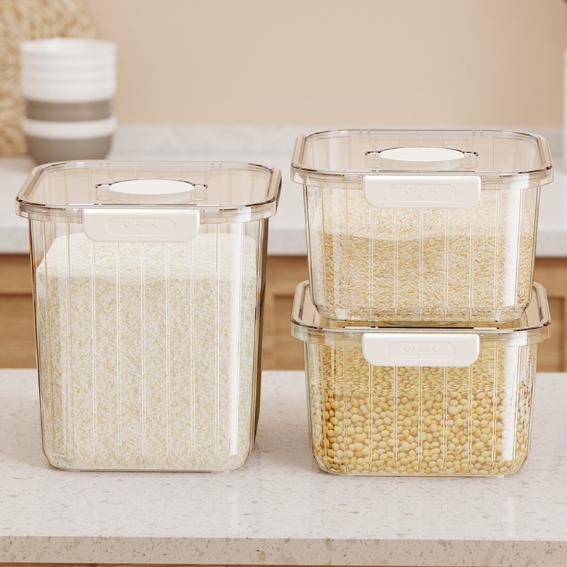 Rizstároló edény zárható fedéllel, nedvesség- és kártevő elleni védelemmel, időskála és mérőkanál – PET/PP szilikagél