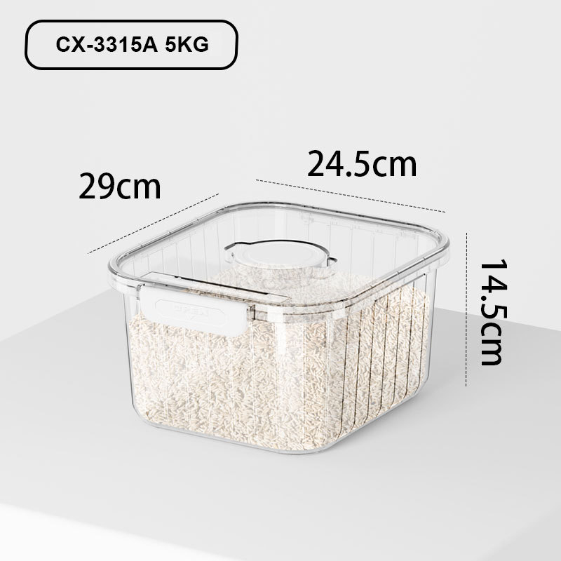 Rizstároló edény zárható fedéllel, nedvesség- és kártevő elleni védelemmel, időskála és mérőkanál – PET/PP szilikagél