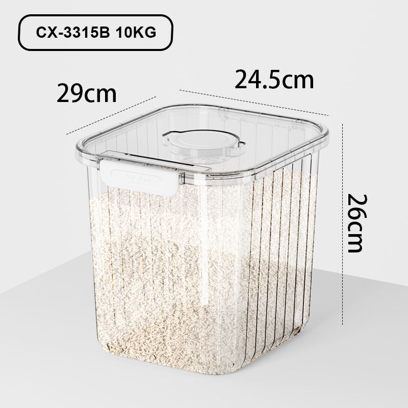 Rizstároló edény zárható fedéllel, nedvesség- és kártevő elleni védelemmel, időskála és mérőkanál – PET/PP szilikagél