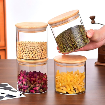 Üveges tárolóedény, magas boroszilikát üveg, kör alakú, légmentesen záródó, mikrohullámú sütőben használható