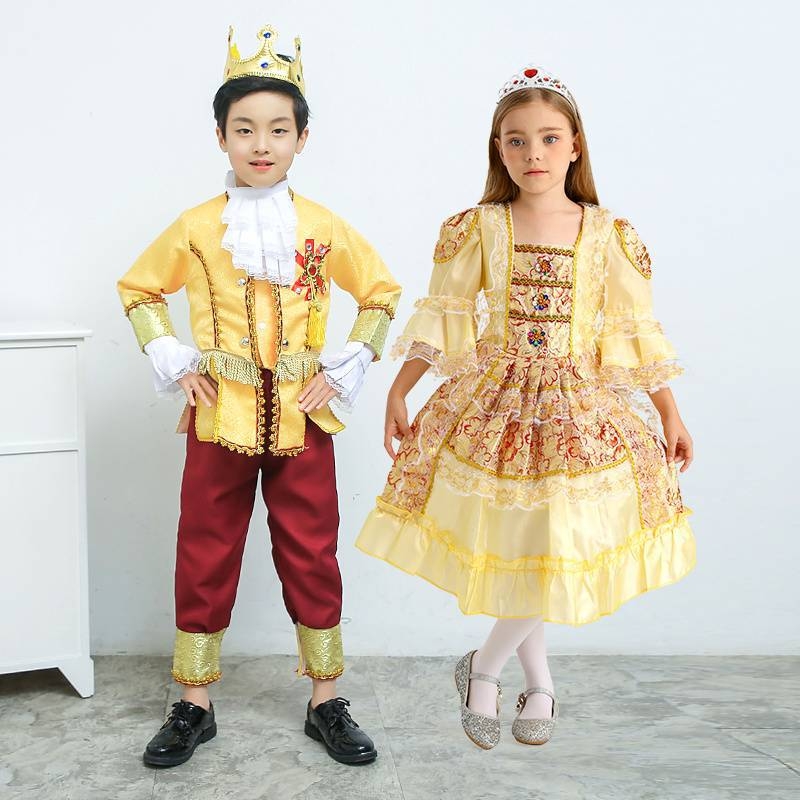 Dječja haljina princeze i kostim princa, europski dvorčanski set za kazališne predstave Pepeljuga, vinilon tkanina, sigurnosna razina C, za djecu preko 8 godina