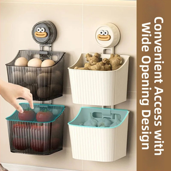 Coș de depozitare montat pe perete, cu ventuză – pentru ceapă, ghimbir și usturoi; metal, stil japonez