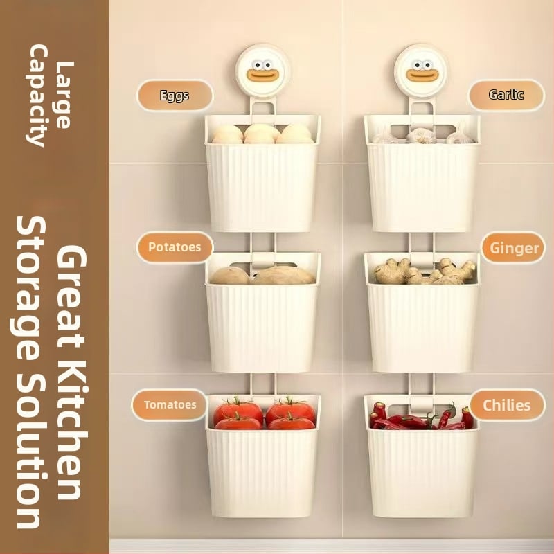 Coș de depozitare montat pe perete, cu ventuză – pentru ceapă, ghimbir și usturoi; metal, stil japonez