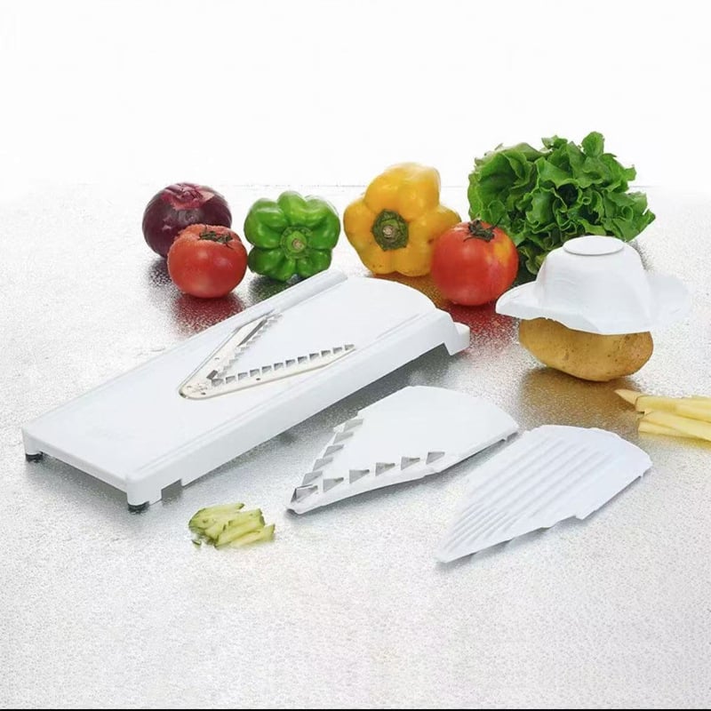 Tăietor de legume multifuncțional în formă de V — tăiere felii, răzuit și tăiere în fâșii; ABS și oțel inoxidabil; lansat toamna 2016