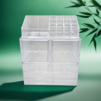 Десктопен многослоен органайзер с чекмеджета за козметика и бижута, прозрачен PS материал, персонализиран с лого, скандинавски стил