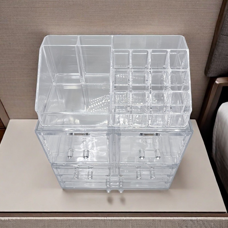 Десктопен многослоен органайзер с чекмеджета за козметика и бижута, прозрачен PS материал, персонализиран с лого, скандинавски стил