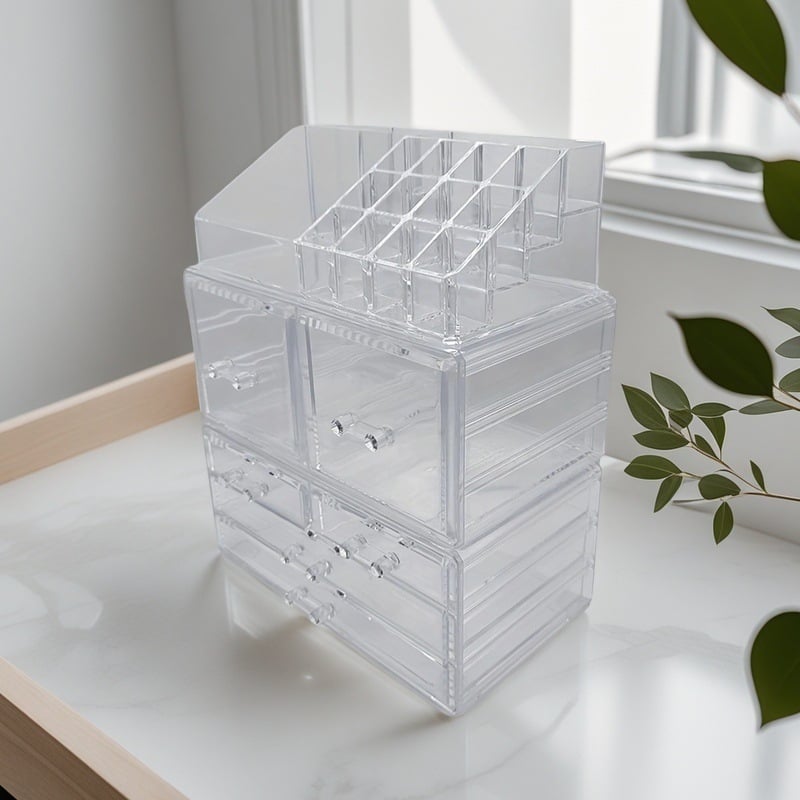 Десктопен многослоен органайзер с чекмеджета за козметика и бижута, прозрачен PS материал, персонализиран с лого, скандинавски стил