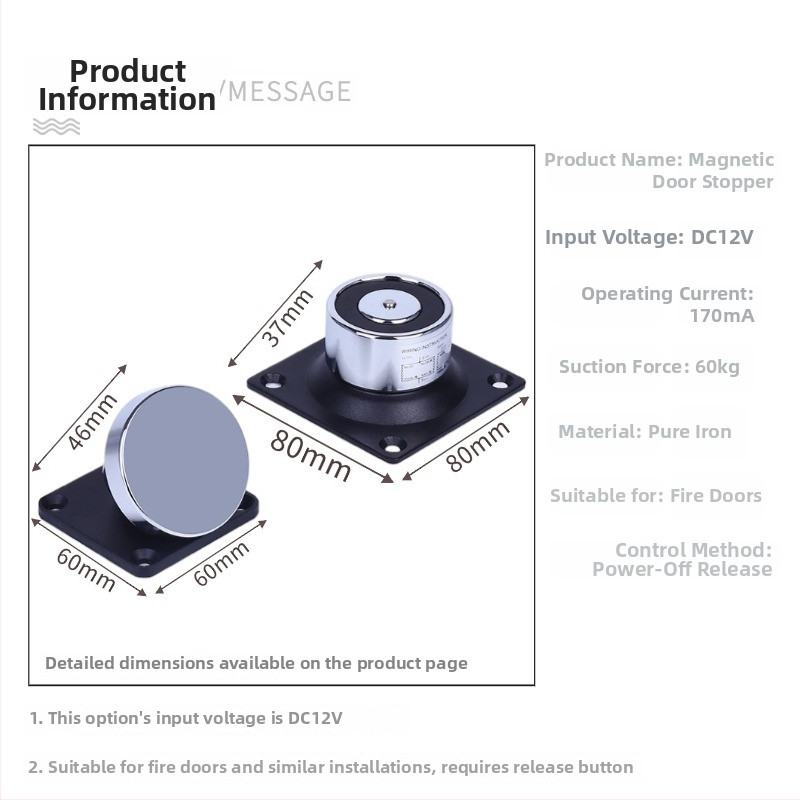F34 Elektromagnetické zariadenie na uvoľnenie dverí pre bezrámové sklenené dvere proti požiaru, zliatina zinku, povrchová úprava pečená farba, nástenný montážny typ, moderný minimalistický štýl