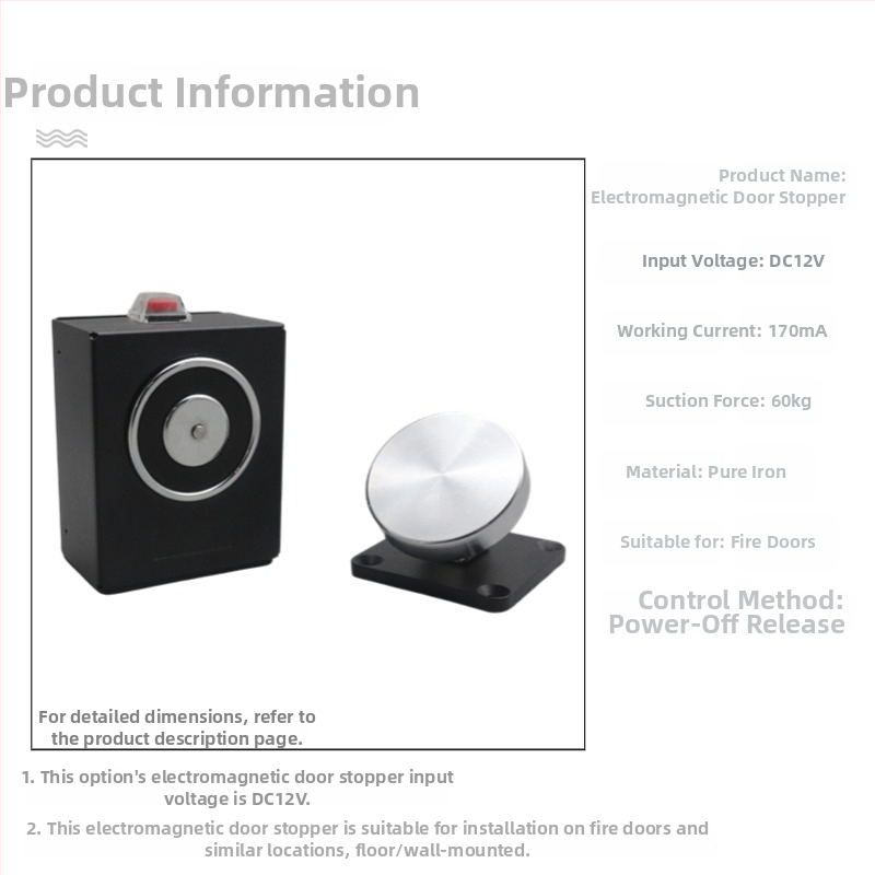 F34 Elektromagnetické zariadenie na uvoľnenie dverí pre bezrámové sklenené dvere proti požiaru, zliatina zinku, povrchová úprava pečená farba, nástenný montážny typ, moderný minimalistický štýl