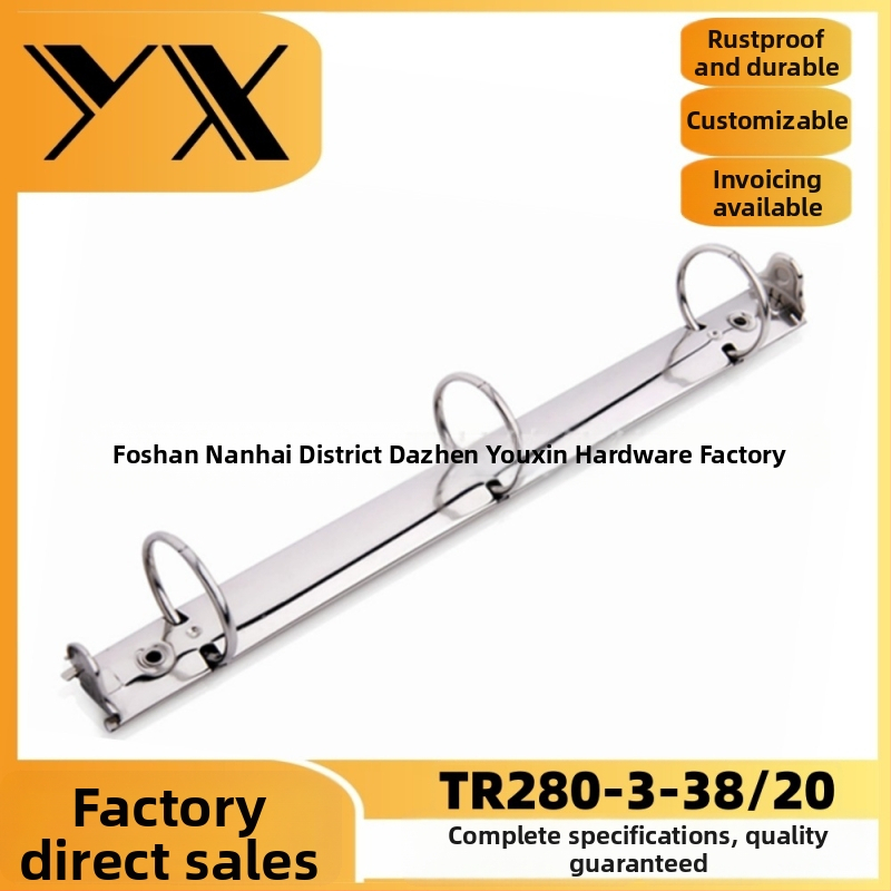 Metalni 3-prsteni binder s O-prstenom za 3 otvora i ručkom, unutarnji promjer rupe Ø38 mm, duljina klipa 285 mm, širina donje ploče 20 mm