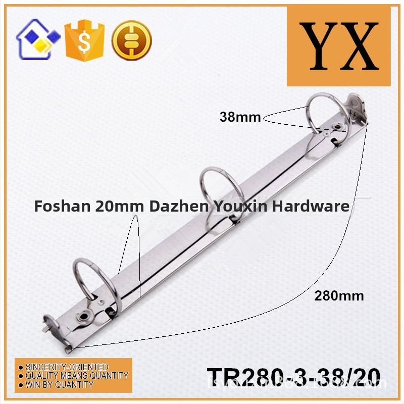 Metalni 3-prsteni binder s O-prstenom za 3 otvora i ručkom, unutarnji promjer rupe Ø38 mm, duljina klipa 285 mm, širina donje ploče 20 mm