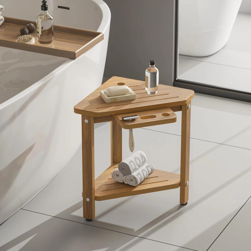 Drveni regaľ za kupaonicu, kutni 1-slojni modul, moderni minimalistički stil