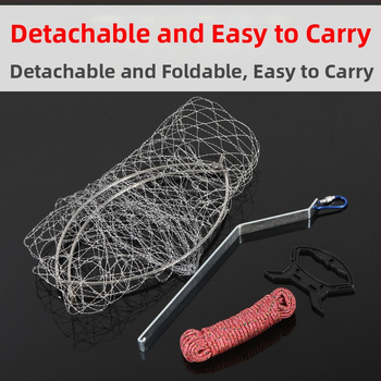 Sklopná nerezová rybárska sieť, priemer siete 40–50 cm, hĺbka siete 50–60 cm, pevná konštrukcia, nosnosť 10 kg.