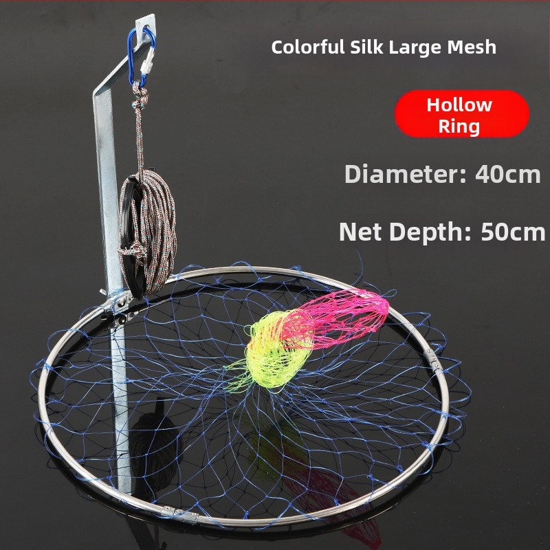 Sklopná nerezová rybárska sieť, priemer siete 40–50 cm, hĺbka siete 50–60 cm, pevná konštrukcia, nosnosť 10 kg.