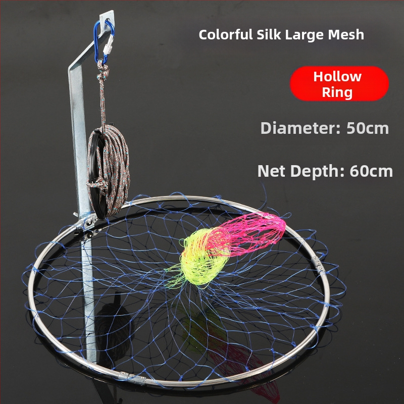 Sklopná nerezová rybárska sieť, priemer siete 40–50 cm, hĺbka siete 50–60 cm, pevná konštrukcia, nosnosť 10 kg.