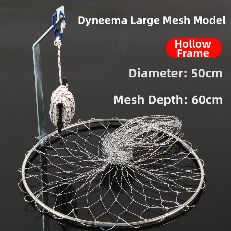 Sklopná nerezová rybárska sieť, priemer siete 40–50 cm, hĺbka siete 50–60 cm, pevná konštrukcia, nosnosť 10 kg.