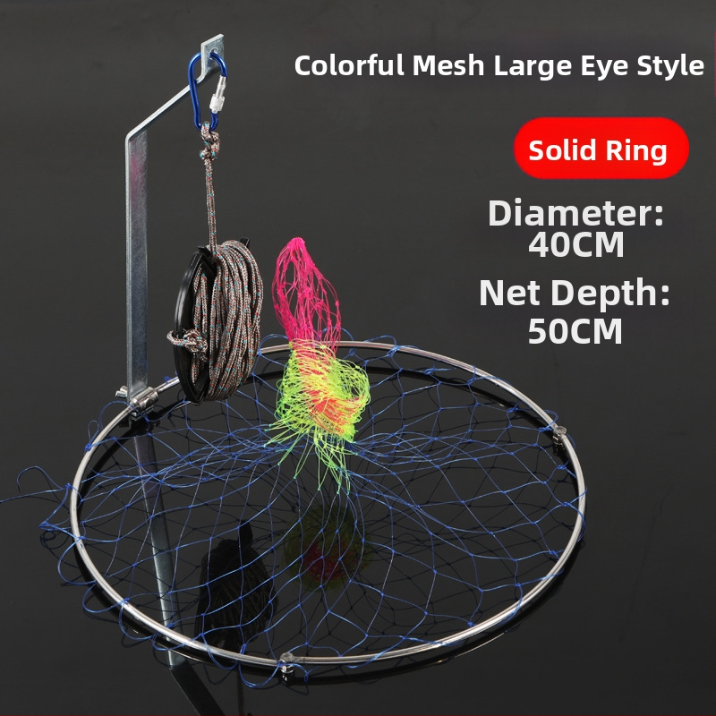Sklopná nerezová rybárska sieť, priemer siete 40–50 cm, hĺbka siete 50–60 cm, pevná konštrukcia, nosnosť 10 kg.