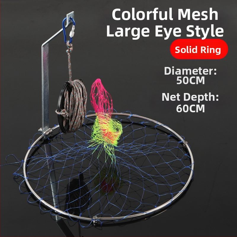 Sklopná nerezová rybárska sieť, priemer siete 40–50 cm, hĺbka siete 50–60 cm, pevná konštrukcia, nosnosť 10 kg.