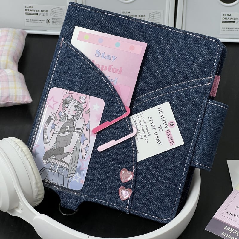 Denim bilježnica s odvojivim listovima i foto-albumom za kartice, prazne stranice, prijenosna (Brand Nothing, unutarnje stranice PP, prilagodljiv)