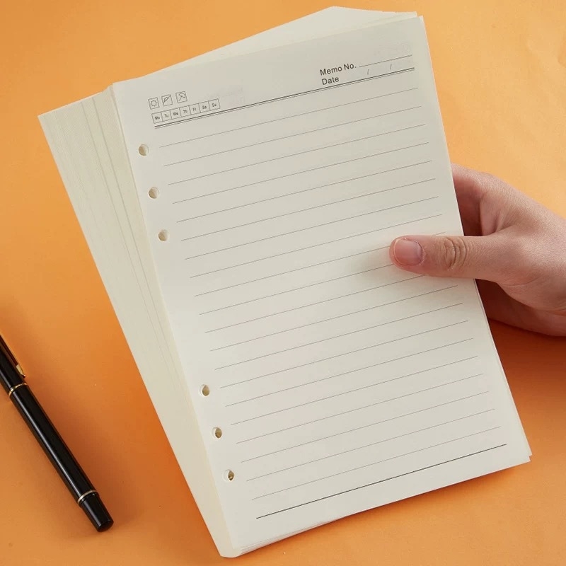 Refill pentru caiet cu foi detașabile — 6 găuri A5 80 g, 9 găuri B5 100 g, 4 găuri A4 — hârtie bej Dalin, 100 foi, opțiune de personalizare