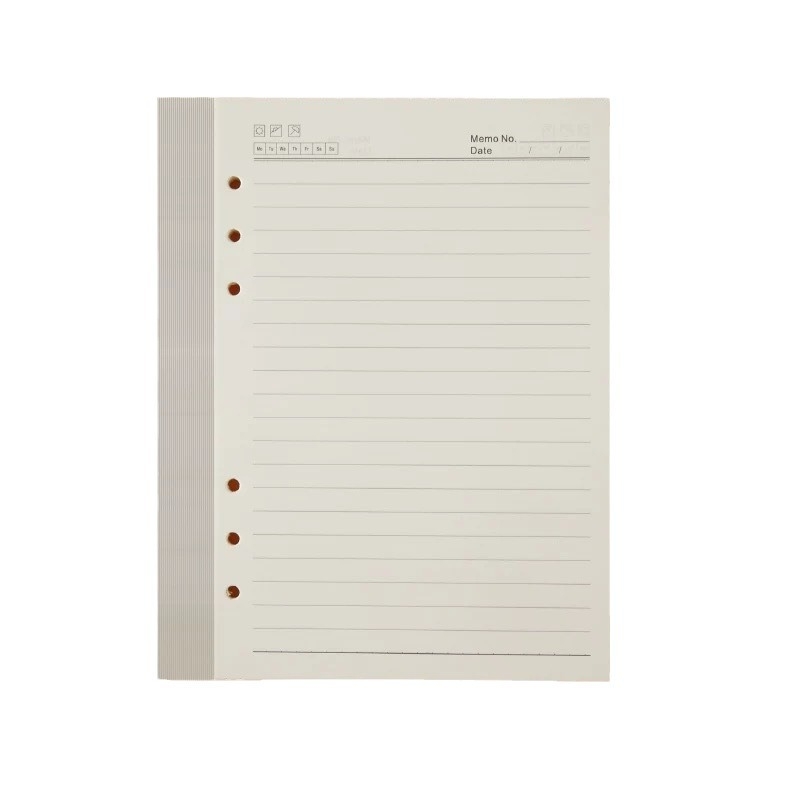 Refill pentru caiet cu foi detașabile — 6 găuri A5 80 g, 9 găuri B5 100 g, 4 găuri A4 — hârtie bej Dalin, 100 foi, opțiune de personalizare