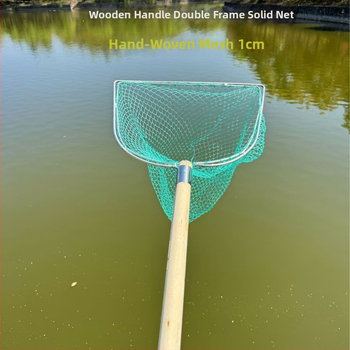 Sieť na ryby s drevenou rúčkou, dvojstranná a pevná, s jemnými okami; Materiál: výstužná oceľ, priemer oka 28–40 cm, hĺbka siete 22–60 cm, nosnosť 5–30; pre akvakultúru a morské plody (ryby a krevety)