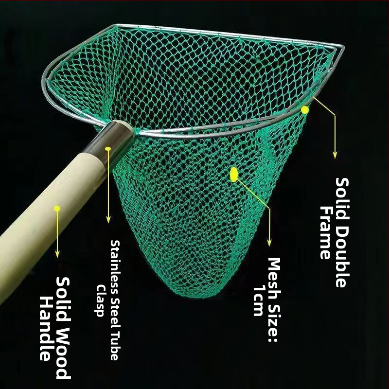 Sieť na ryby s drevenou rúčkou, dvojstranná a pevná, s jemnými okami; Materiál: výstužná oceľ, priemer oka 28–40 cm, hĺbka siete 22–60 cm, nosnosť 5–30; pre akvakultúru a morské plody (ryby a krevety)