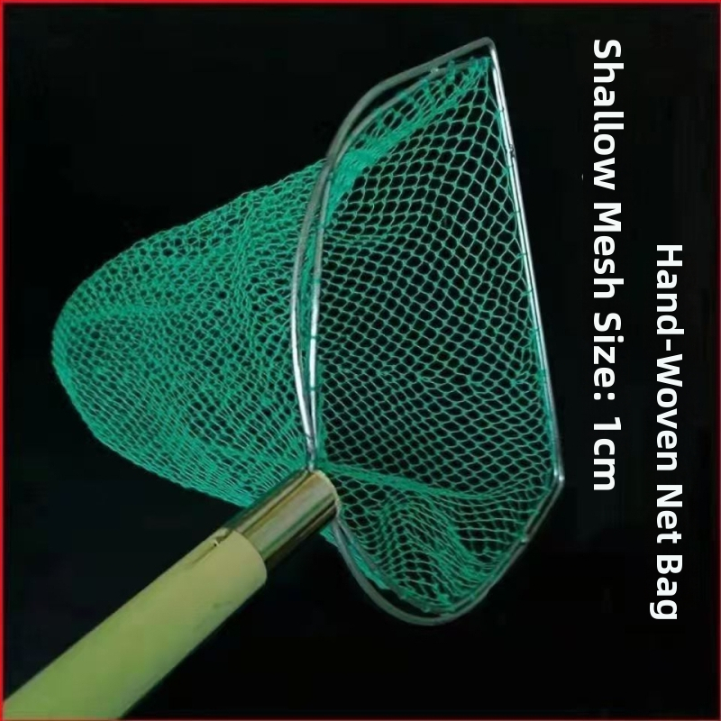 Sieť na ryby s drevenou rúčkou, dvojstranná a pevná, s jemnými okami; Materiál: výstužná oceľ, priemer oka 28–40 cm, hĺbka siete 22–60 cm, nosnosť 5–30; pre akvakultúru a morské plody (ryby a krevety)