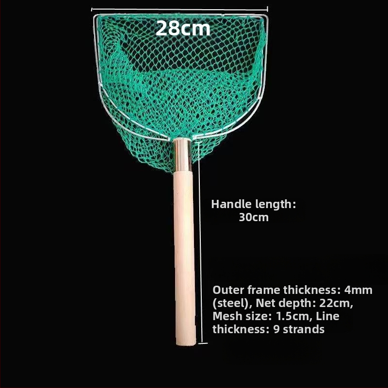 Sieť na ryby s drevenou rúčkou, dvojstranná a pevná, s jemnými okami; Materiál: výstužná oceľ, priemer oka 28–40 cm, hĺbka siete 22–60 cm, nosnosť 5–30; pre akvakultúru a morské plody (ryby a krevety)