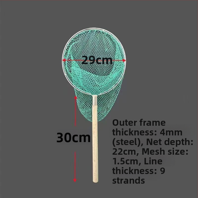 Sieť na ryby s drevenou rúčkou, dvojstranná a pevná, s jemnými okami; Materiál: výstužná oceľ, priemer oka 28–40 cm, hĺbka siete 22–60 cm, nosnosť 5–30; pre akvakultúru a morské plody (ryby a krevety)
