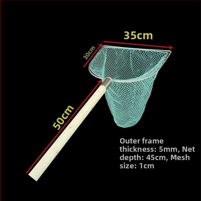 Sieť na ryby s drevenou rúčkou, dvojstranná a pevná, s jemnými okami; Materiál: výstužná oceľ, priemer oka 28–40 cm, hĺbka siete 22–60 cm, nosnosť 5–30; pre akvakultúru a morské plody (ryby a krevety)