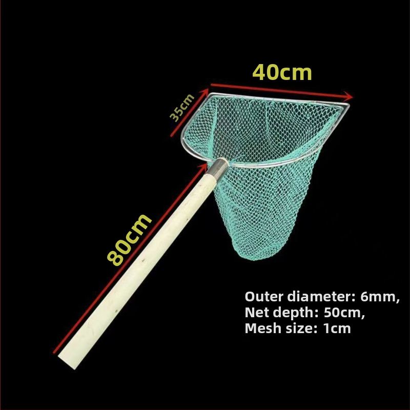 Sieť na ryby s drevenou rúčkou, dvojstranná a pevná, s jemnými okami; Materiál: výstužná oceľ, priemer oka 28–40 cm, hĺbka siete 22–60 cm, nosnosť 5–30; pre akvakultúru a morské plody (ryby a krevety)