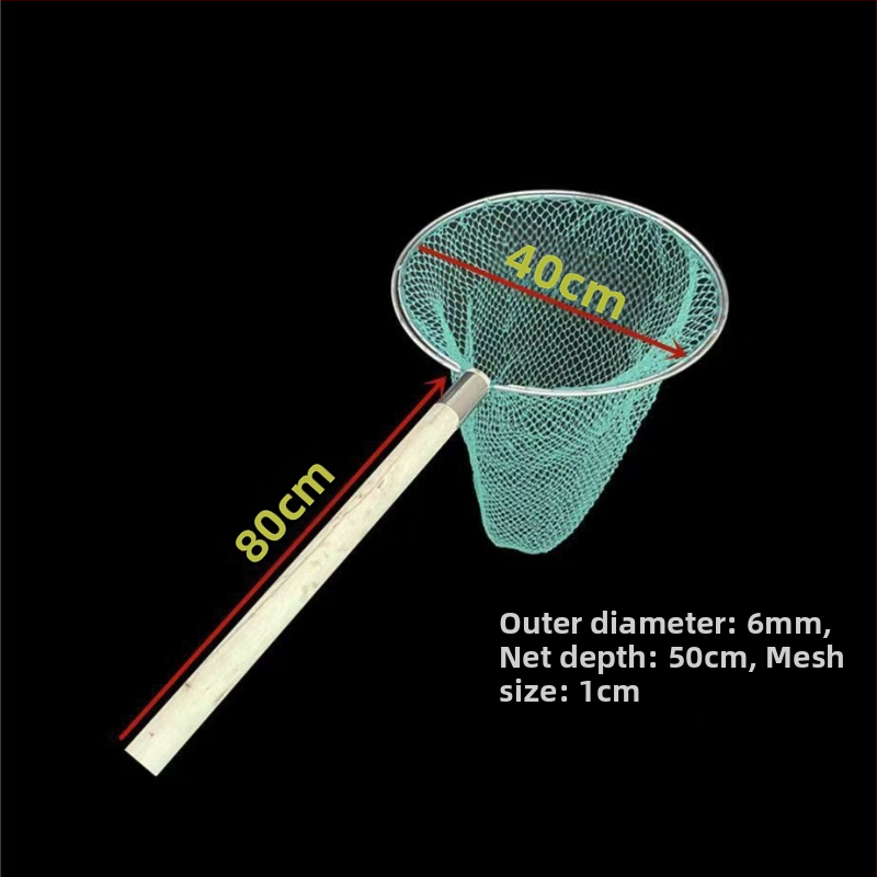 Sieť na ryby s drevenou rúčkou, dvojstranná a pevná, s jemnými okami; Materiál: výstužná oceľ, priemer oka 28–40 cm, hĺbka siete 22–60 cm, nosnosť 5–30; pre akvakultúru a morské plody (ryby a krevety)