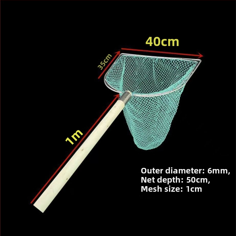 Sieť na ryby s drevenou rúčkou, dvojstranná a pevná, s jemnými okami; Materiál: výstužná oceľ, priemer oka 28–40 cm, hĺbka siete 22–60 cm, nosnosť 5–30; pre akvakultúru a morské plody (ryby a krevety)