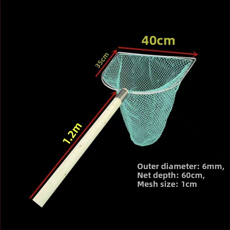 Sieť na ryby s drevenou rúčkou, dvojstranná a pevná, s jemnými okami; Materiál: výstužná oceľ, priemer oka 28–40 cm, hĺbka siete 22–60 cm, nosnosť 5–30; pre akvakultúru a morské plody (ryby a krevety)