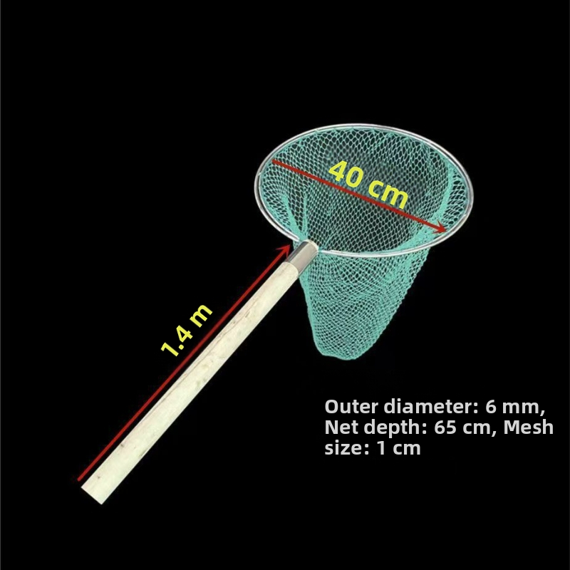 Sieť na ryby s drevenou rúčkou, dvojstranná a pevná, s jemnými okami; Materiál: výstužná oceľ, priemer oka 28–40 cm, hĺbka siete 22–60 cm, nosnosť 5–30; pre akvakultúru a morské plody (ryby a krevety)