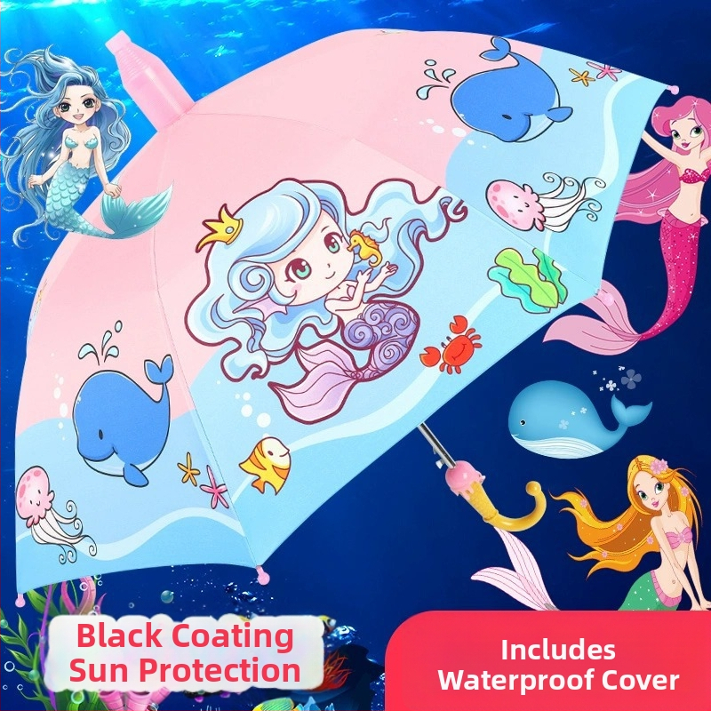 Detský dážďnik na slnko a dažď, vinyl potiahnutá látka, UPF 50+, 8 lúčov rám, ručné otvorenie a zatvorenie, kreslený štýl