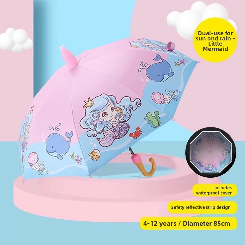 Detský dážďnik na slnko a dažď, vinyl potiahnutá látka, UPF 50+, 8 lúčov rám, ručné otvorenie a zatvorenie, kreslený štýl